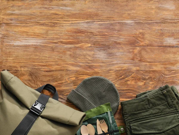 Equipment Hiking Wooden Background — Stock Photo, Image