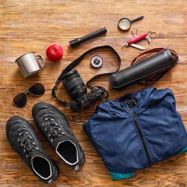 Composition Items Clothes Hiking Wooden Background — Stock Photo, Image
