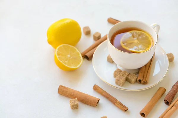 Tasty Tea Cinnamon Lemon Cup Light Background — Stock Photo, Image