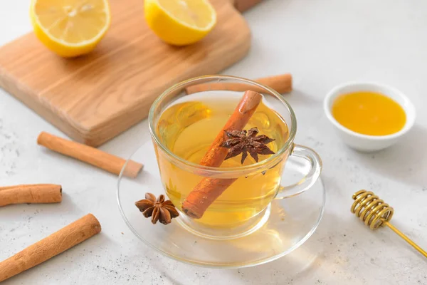 Tasty Tea Cinnamon Honey Lemon Cup Light Background — Stock Photo, Image