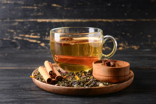 Tasty Fruit Tea Cinnamon Anise Cup Dark Wooden Background — Stock Photo, Image