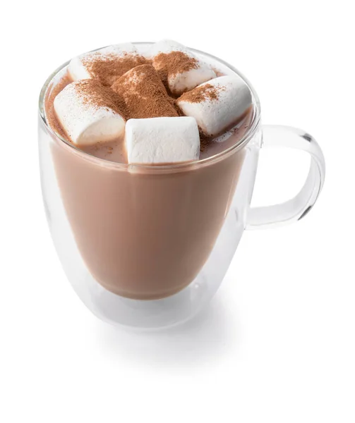 Cacau Saboroso Com Canela Marshmallows Copo Fundo Branco — Fotografia de Stock