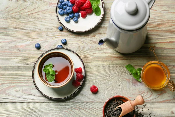 Composition Cup Hot Fruit Tea Wooden Background — Stock Photo, Image