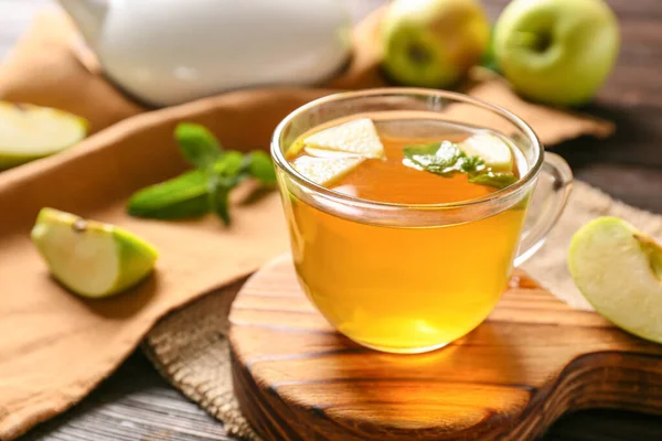 Cup Hot Tea Apples Mint Wooden Board — Stock Photo, Image