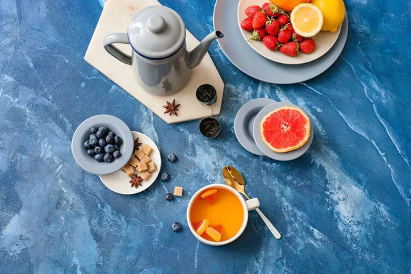Composition Cup Hot Fruit Tea Color Background — Stock Photo, Image