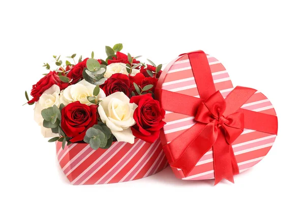 Gift Box Beautiful Flowers White Background — Stock Photo, Image