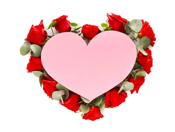 Blank Heart Shaped Card Beautiful Flowers White Background — Stock Photo, Image