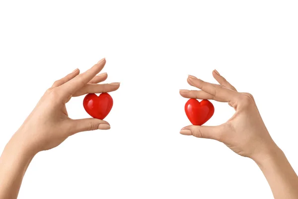 Hands Red Hearts White Background — Stock Photo, Image