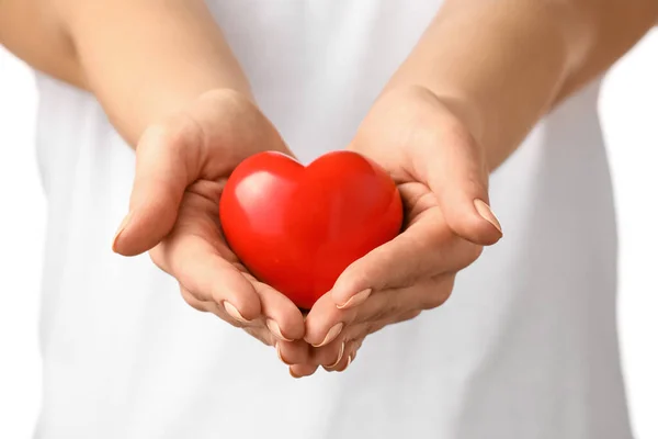 Mujer Con Corazón Rojo Primer Plano — Foto de Stock