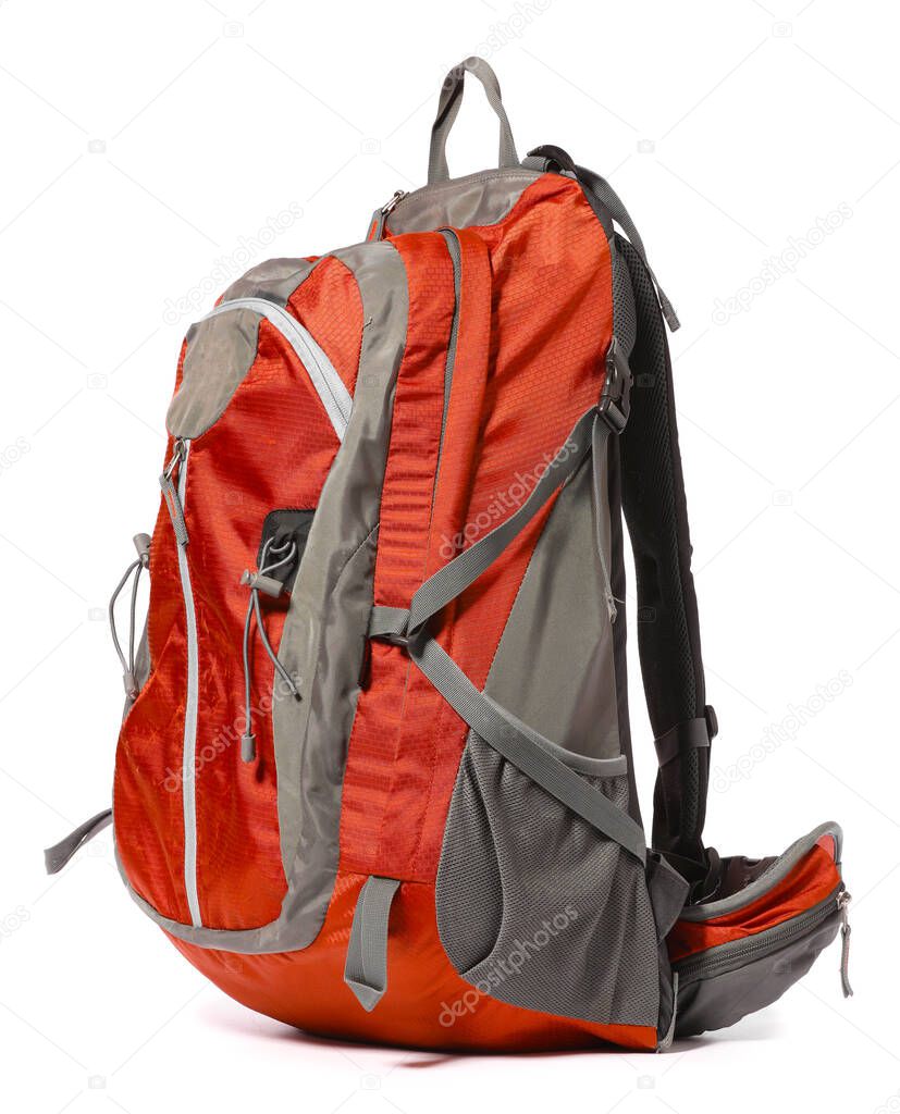 Modern tourist's backpack on white background