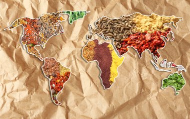 Kağıt üzerinde farklı baharatlardan oluşan dünya haritası