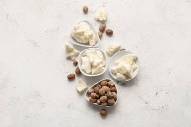 Hafif arka planda Shea yağı ve fındık