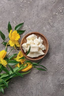 Grunge arka planında Shea tereyağı ile tabak