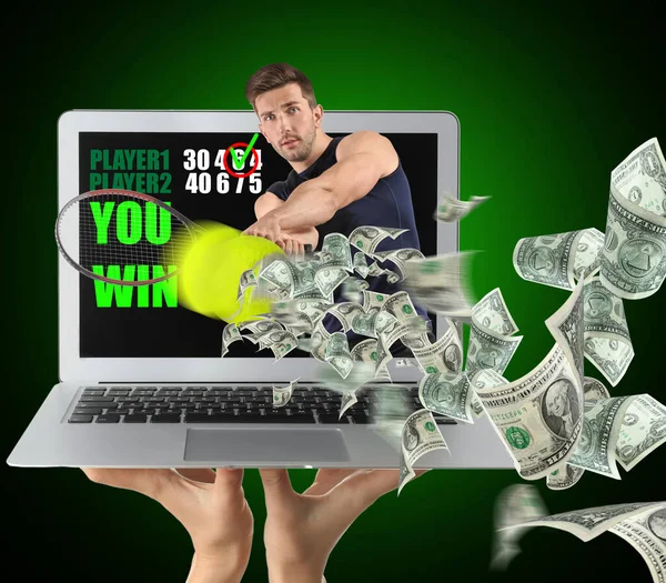 Young Tennis Player Flying Dollar Banknotes Screen Laptop Dark Background — Stock Photo, Image