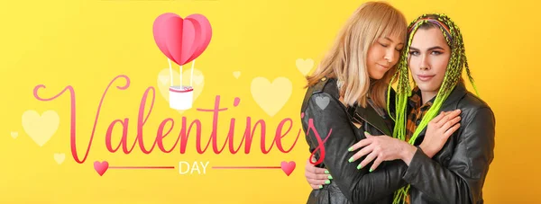 Young Transgender Couple Color Background Valentines Day Celebration — Stock Photo, Image