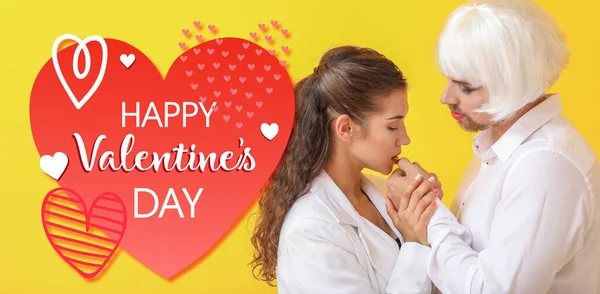 Young Transgender Couple Color Background Valentines Day Celebration — Stock Photo, Image