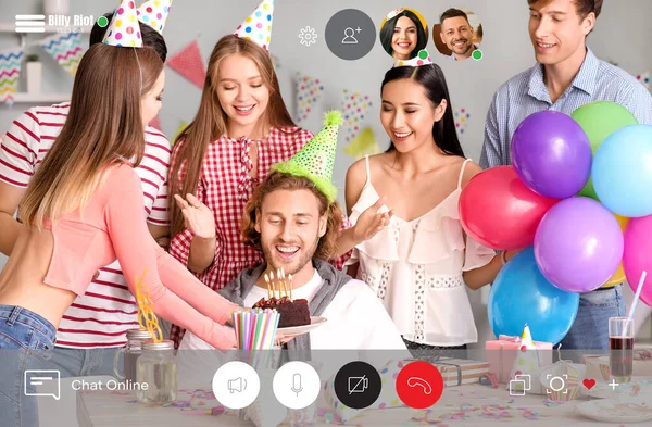 Happy Friends Video Chatting Birthday Celebration Home — Stock Photo, Image