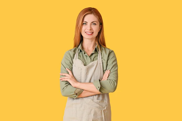Beautiful Young Woman Wearing Apron Color Background — Stock Photo, Image