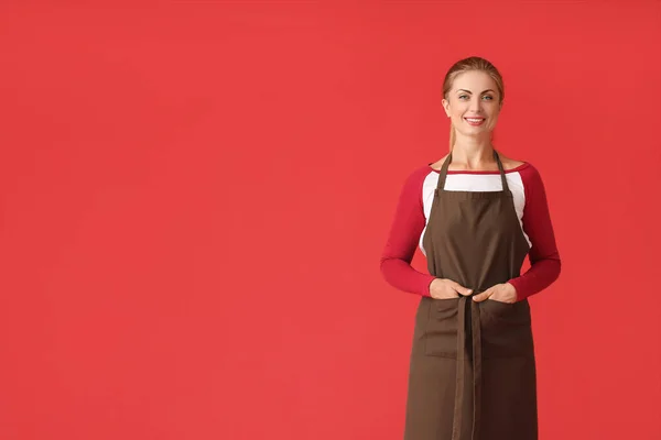 Beautiful Young Woman Wearing Apron Color Background — Stock Photo, Image