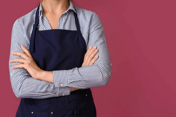 Young Woman Wearing Apron Color Background — Stock Photo, Image