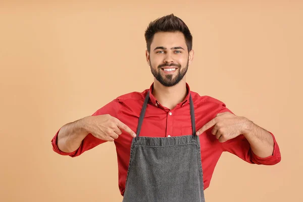 Young Man Apron Color Background — Stock Photo, Image