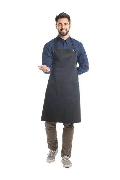 Young Man Wearing Apron White Background — Stock Photo, Image