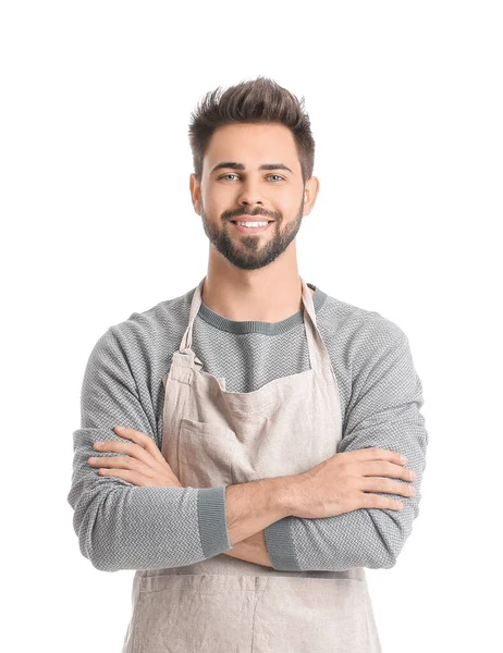 Young Man Wearing Apron White Background — Stock Photo, Image