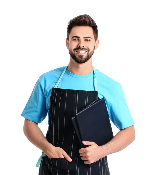 Jovem Garçom Segurando Menu Fundo Branco — Fotografia de Stock