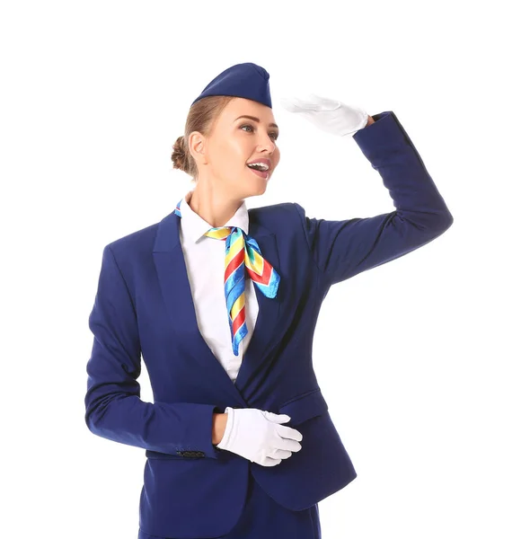 Schöne Stewardess Auf Weißem Hintergrund — Stockfoto