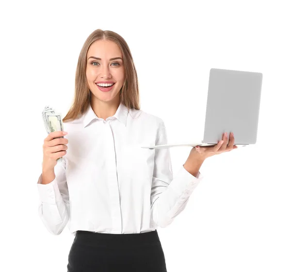Schöne Frau Mit Geld Und Laptop Auf Weißem Hintergrund Konzept — Stockfoto