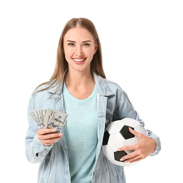 Mulher Bonita Com Dinheiro Bola Futebol Fundo Branco Conceito Aposta — Fotografia de Stock