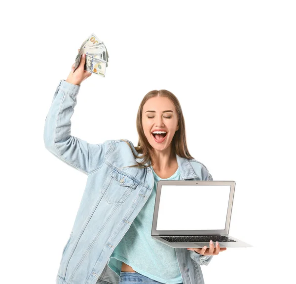 Mulher Bonita Com Dinheiro Laptop Fundo Branco Conceito Aposta Desportiva — Fotografia de Stock