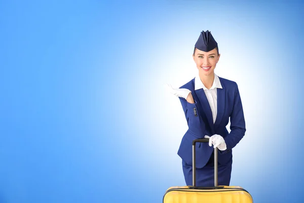 Beautiful Stewardess Suitcase Color Background — Stock Photo, Image