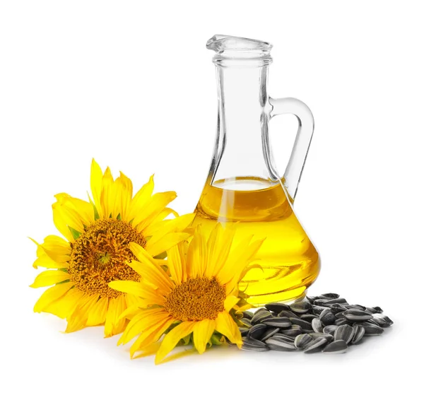 Krug Mit Samen Und Sonnenblumen Auf Weißem Hintergrund — Stockfoto