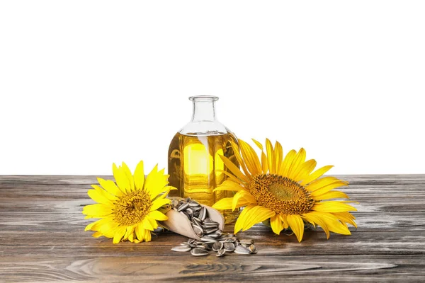 Eine Flasche Eine Schaufel Mit Samen Und Sonnenblumen Auf Dem — Stockfoto