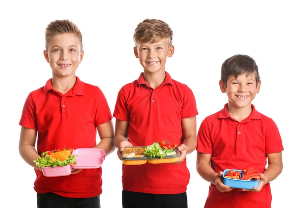 Schoolboys Lunchboxes White Background — Stock Photo, Image