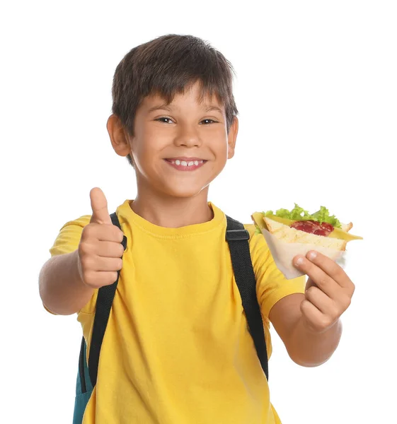 Colegial Con Sándwich Sobre Fondo Blanco —  Fotos de Stock