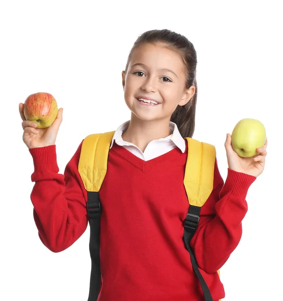 Studentessa Con Mele Sfondo Bianco — Foto Stock