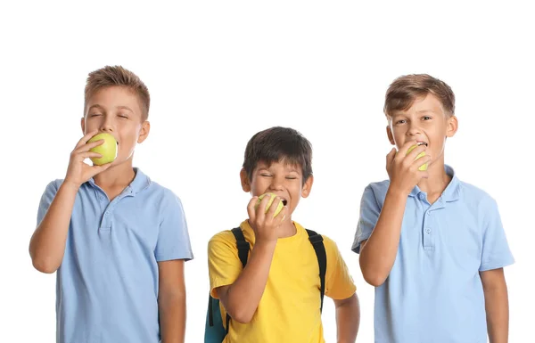 Schoolboys Eating Apples White Background — Stock Photo, Image