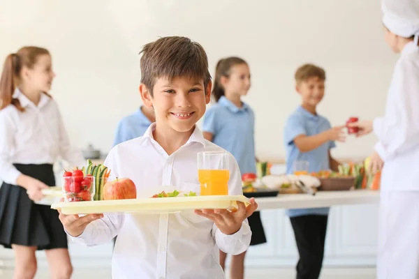Schoolboy Having Lunch School Canteen — Stock Photo, Image
