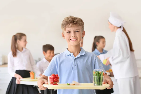 Schoolboy Having Lunch School Canteen — Stock Photo, Image