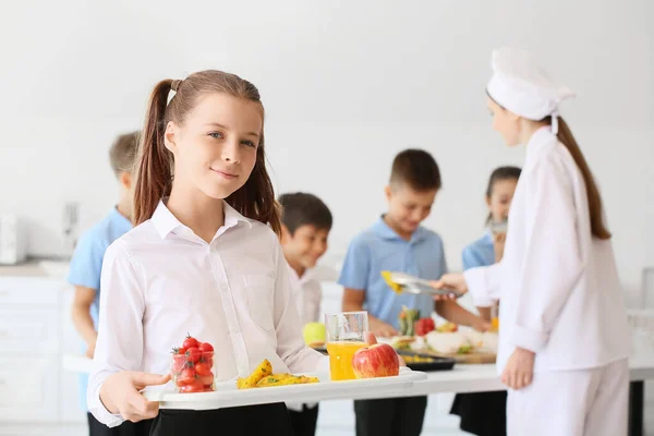 Schoolgirl Having Lunch School Canteen — Stock Photo, Image