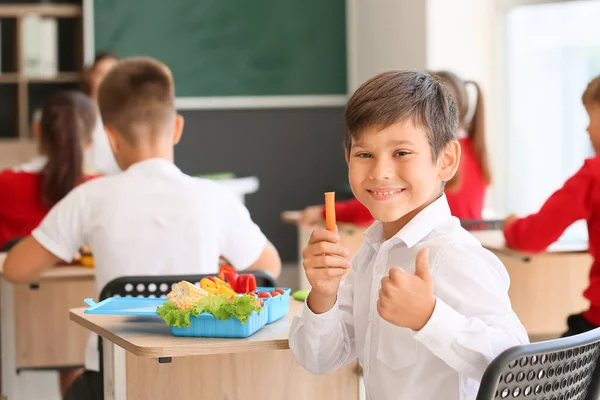 Schoolboy Having Healthy Lunch Classroom — Stock Photo, Image