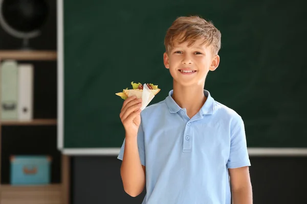 Schoolboy Sandwich Blurred Background School — Stock Photo, Image