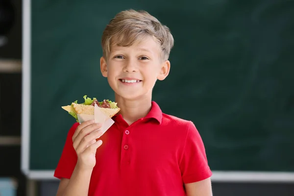 Schoolboy Sandwich Blurred Background School — Stock Photo, Image