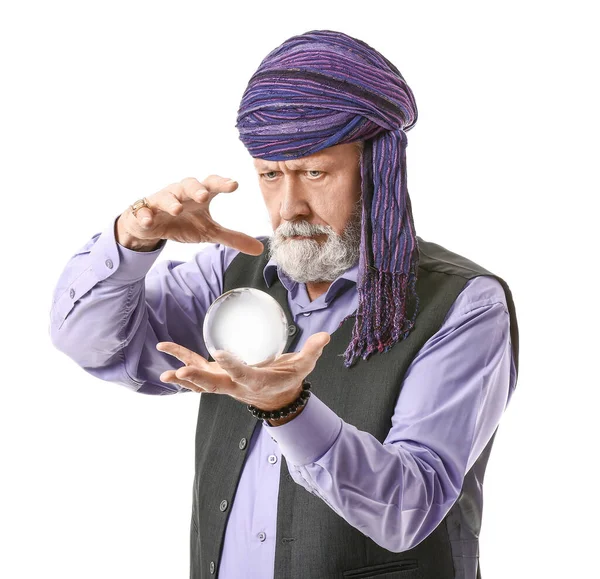 Male Fortune Teller Crystal Ball White Background — Stock Photo, Image