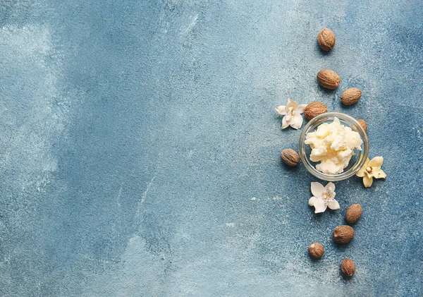 Bowl Shea Butter Nuts Color Background — Stock Photo, Image