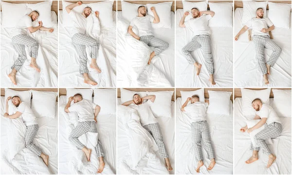 Jeune Homme Dormant Dans Différentes Positions Lit — Photo