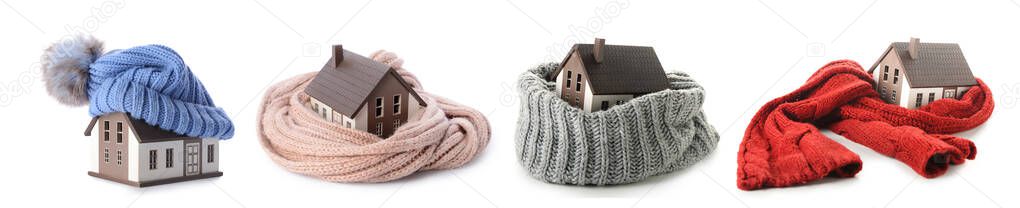 Figures of houses with warm clothes on white background