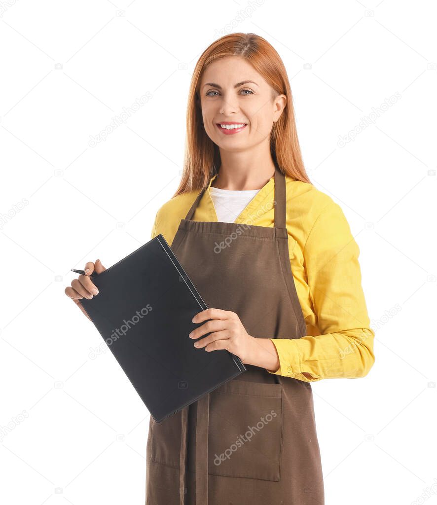 Young waitress holding menu on white background